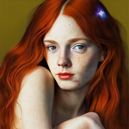 Image similar to a highly detailed, hyper realistic, full body gorgeous portrait of a red haired young woman, surrounded by the like of golden fireflies, long hair, green eyes, hint of freckles, round gentle face, cheeky smile, romantic, deep focus, elegant, digital painting, smooth, sharp, golden ratio, illustration, art by artgerm and caravaggio