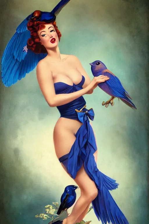 Prompt: pinup girl holding an indigo bunting, bird, the bird is wearing a bowtie by greg rutkowski, rossdraws, gil elvgren, enoch bolles, anime, porcelain skin, glistening, very coherent, ruffled plumage, hyper realistic painting, fashion lighting