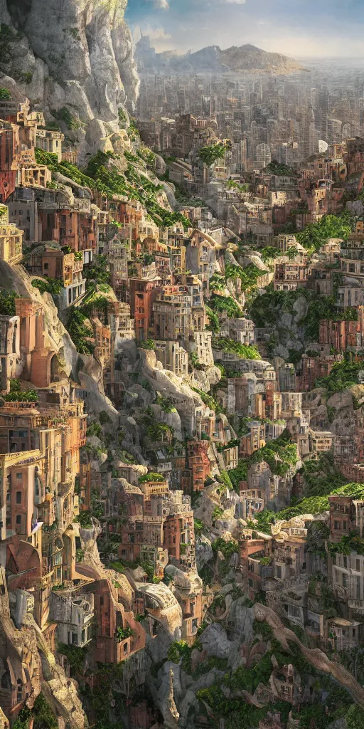 Prompt: a painting of a city built into the side of a cliff, a detailed matte painting by wes anderson, morphosis, daniel libeskind, nature meets architecture, cgsociety, fantastic realism, matte painting, terragen, artstation hq