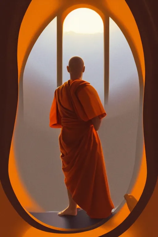 Prompt: portrait of a monk in a spaceship, looking out of a round window at nebula, orange robe, dramatic lighting, artstation, matte painting, ralph mcquarrie