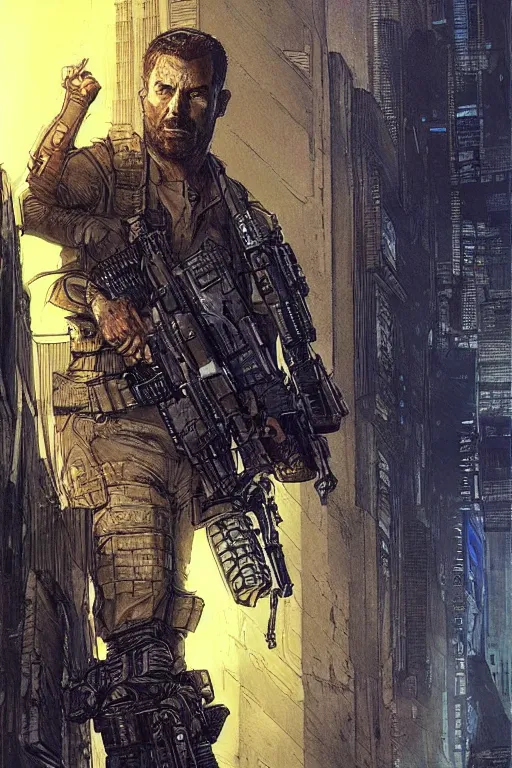 Image similar to ghost. smug blackops mercenary in near future tactical gear and cyberpunk headset. Blade Runner 2049. concept art by James Gurney and Mœbius.