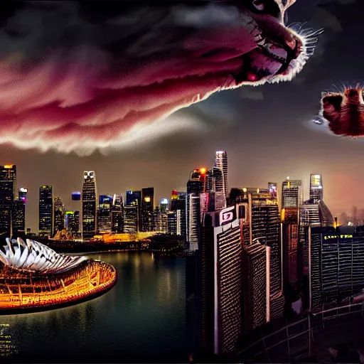 Prompt: Singapore night city with a lion-shaped cloud in the sky and a squadron of chinooks flying in the sky, by by James Jean and Wayne Barlowe, red and white lighting, digital art, ultra realistic, ultra detailed, photorealistic, 4k, character concept