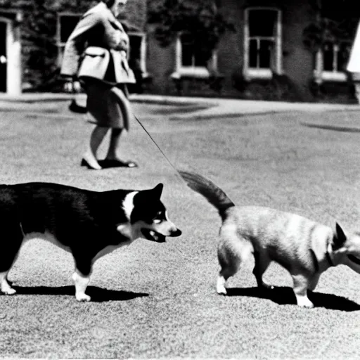 Image similar to historical photo of queen elizabeth and her corgis defeating hitler in battle, natural sunlight, sharp focus, highly detailed, depth of field