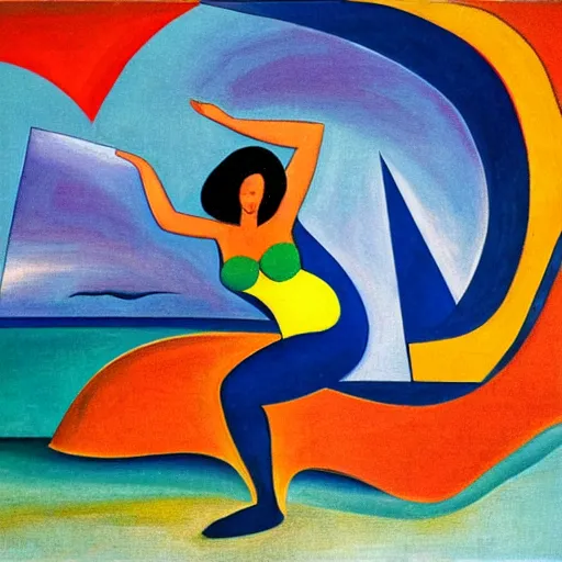 Prompt: woman woman dancing with a triquetta by the ocean while the waves crash on the seashore, high quality art in the style of cubism and geogia o keefe