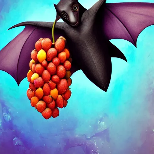 Image similar to Photorealistic magical fruit bat with fruit. Hyperdetailed photorealism, 108 megapixels, amazing depth, glowing rich colors, powerful imagery, psychedelic Overtones, 3D finalrender, 3d shading, cinematic lighting, artstation concept art