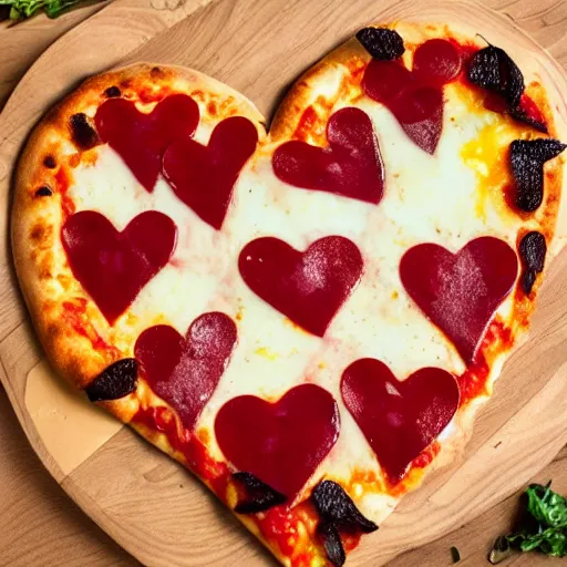 Image similar to heart shaped magerhita pizza with alot of cheese, 4 - 5 cherry tomata served on a wooden plate