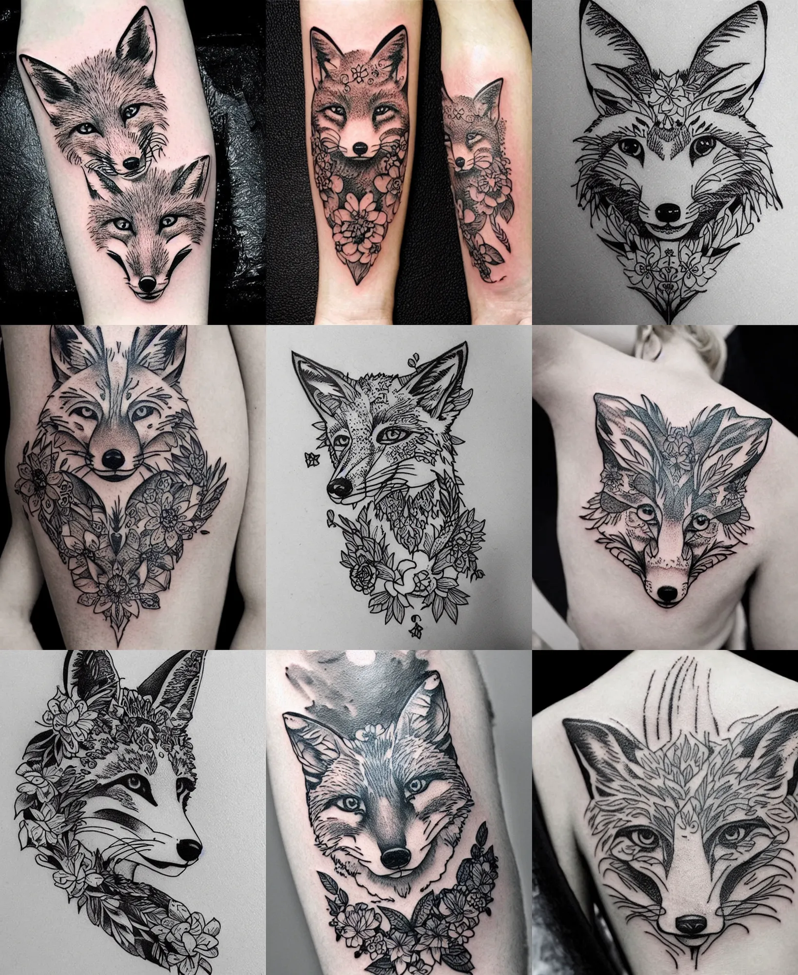 Image similar to amazing detailed tattoo stencil of a floral realistic fox