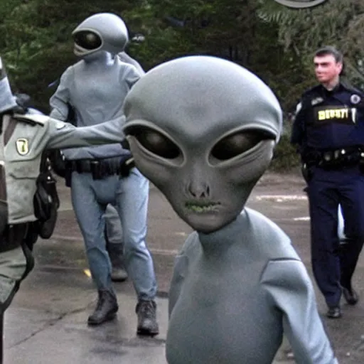 Image similar to extraterrestrial zeta reticulan grey alien, being arrested by spetsnaz