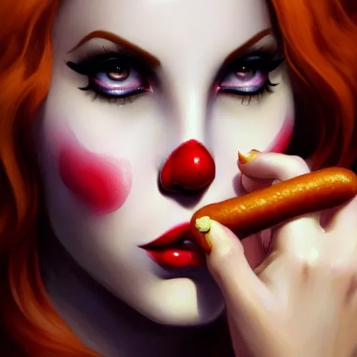 Prompt: Lana Del Ray eating a hot dog in clown makeup, closeup, D&D, fantasy, intricate, elegant, highly detailed, digital painting, artstation, concept art, matte, sharp focus, illustration, hearthstone, art by Artgerm and Greg Rutkowski and Alphonse Mucha