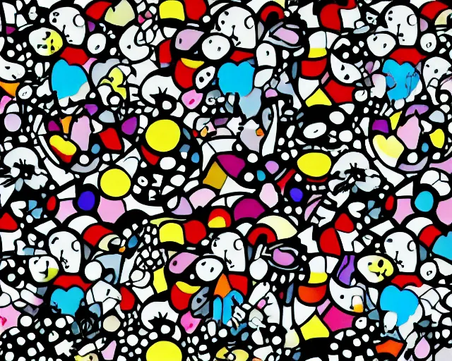 Prompt: a small black rabbit with white spots, fine art by romero britto