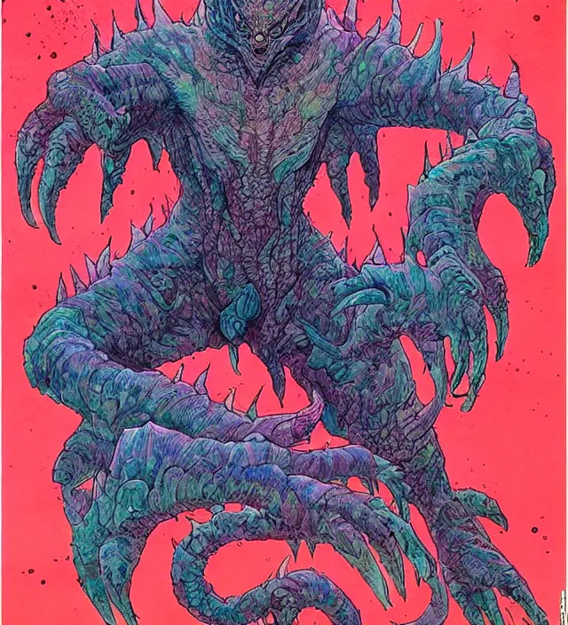 Image similar to a watercolor ink painting of a monstrous inhuman kaiju goddess of natural - disasters in the style of jean giraud in the style of moebius trending on artstation deviantart pinterest detailed realistic hd 8 k high resolution