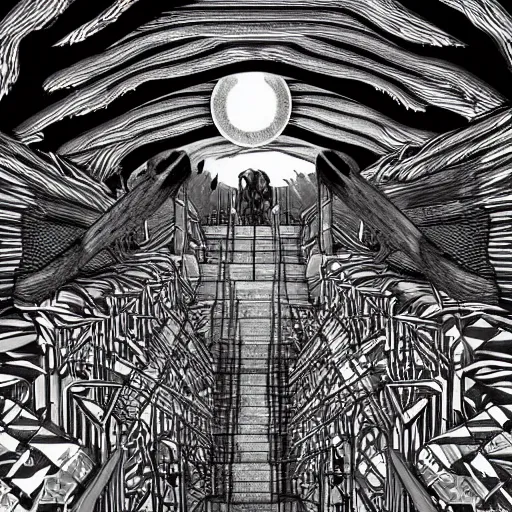 Image similar to a huge howling angry wolf in a huge bright maze of many doorways and lots of stairs, many doorways, inside MC Escher architecture, artstation, Junji Ito, epic composition, detailed background