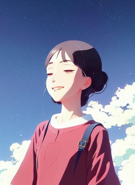 Image similar to portrait of a smiling girl by ilya kuvshinov, cloudy sky background lush landscape ln illustration concept art anime key visual trending pixiv by victo ngai fanbox by greg rutkowski makoto shinkai takashi takeuchi studio ghibli