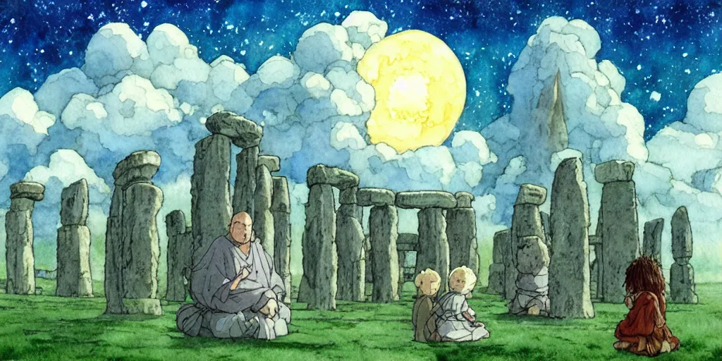 Image similar to a hyperrealist studio ghibli watercolor fantasy concept art of a giant long haired medieval monk with his heads down in lotus position in stonehenge with a starry sky in the background. a giant rocket ship from independence day ( 1 9 9 6 ) is floating in the air. by rebecca guay, michael kaluta, charles vess