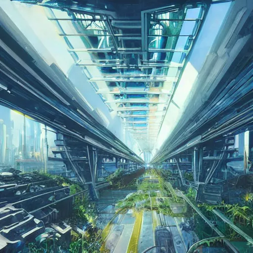 Image similar to overgrown futuristic cityscape located under a bridgeway, world seen only through a portal, daylight, cinematic perspective, cinematic lighting, blue sky, syd mead, john harris, symmetrical