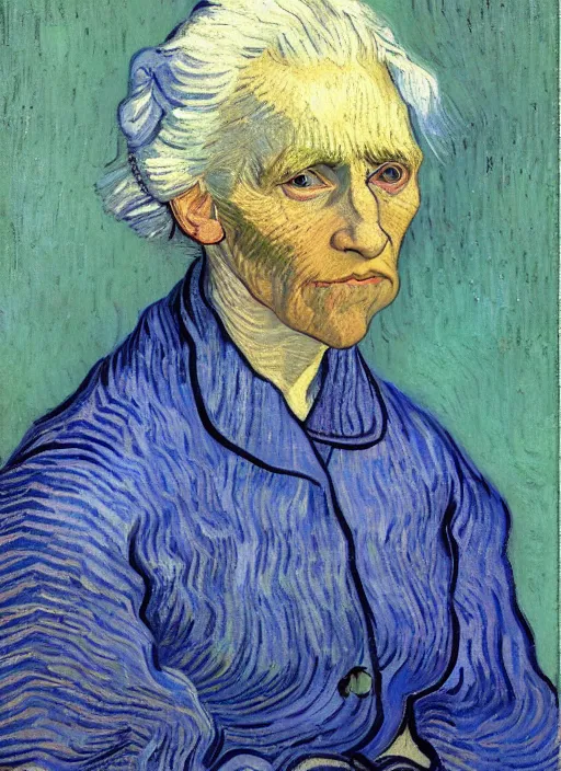 Image similar to portrait of a tired old woman with white hair by van gogh, detailed face, symmetrical painting, beautiful expressionist oil painting masterpiece, 8 k resolution, smooth, sharp focus, pastel color palette, trending on artstation