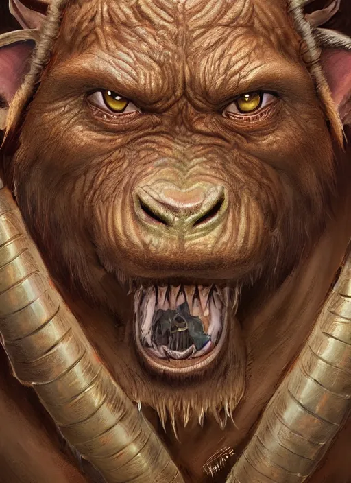 Image similar to , brown orc with tusks, detailed eyes, cute, fantasy, intricate, highly detailed, digital painting, 4k, HDR, concept art, smooth, sharp focus, illustration, by Wayne Reynolds