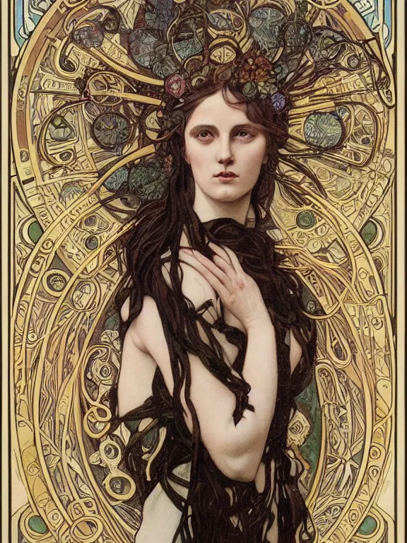 Image similar to an art nouveau mucha poster portrait oil painting of a ancient and powerful deity, surrounded by thousands of spiraling black ribbons, intricate, detailed, smooth, complex, elaborate, by borja, and chris skinner