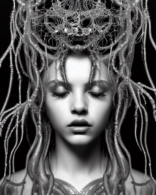 Image similar to surreal mythical dreamy artistic black and white fine art photo of a beautiful young female queen - medusa - cyborg covered with metal fish scales and translucent algae, highly detailed, intricate crystal ivy jelly fish scales ornate, poetic, octane render, 8 k, photo - realistic