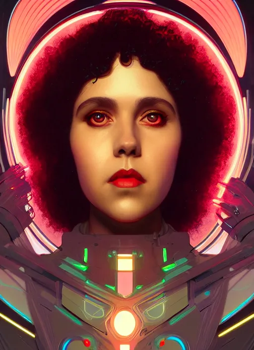 Image similar to symmetry portrait of poly styrene, sci - fi, tech wear, glowing lights intricate, elegant, highly detailed, digital painting, artstation, concept art, smooth, sharp focus, illustration, art by artgerm and greg rutkowski and alphonse mucha