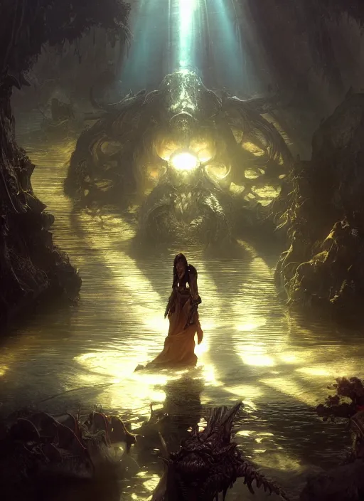 Image similar to A demon looks a an aquarim with people in it, sunrays, dust in the air, DnD character, unreal engine, octane render, dramatic lighting, pond, digital art, by Stanley Artgerm Lau, greg rutkowski, thomas kindkade, alphonse mucha, loish, norman Rockwell,