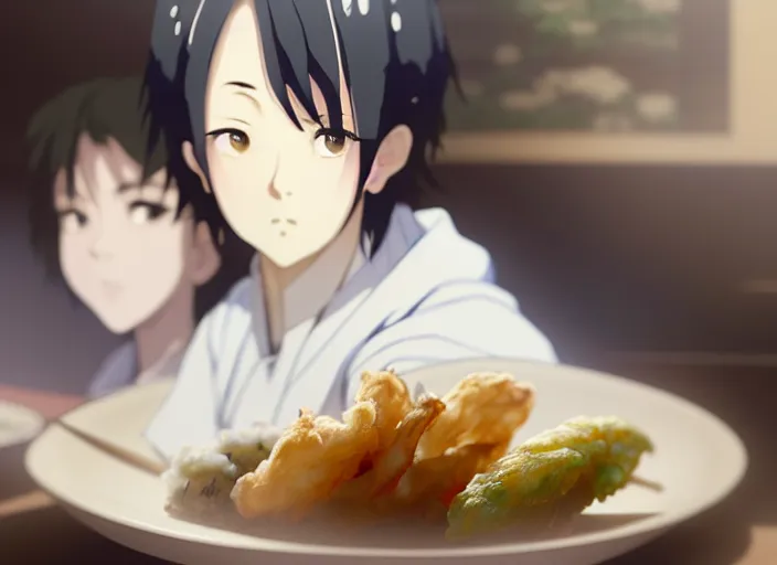 Image similar to a film still portrait of a plate with japanese food tempura, finely detailed features, closeup at the food, perfect art, at a dinner table, gapmoe yandere grimdark, trending on pixiv fanbox, painted by greg rutkowski makoto shinkai takashi takeuchi studio ghibli, akihiko yoshida