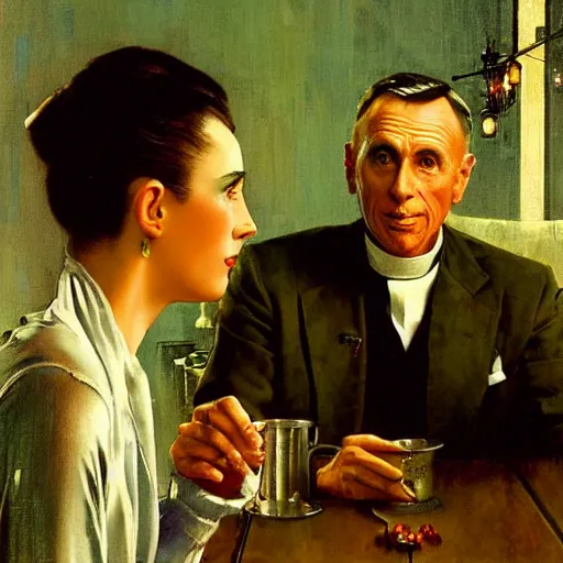 Prompt: a blade runner nexus 6 replicant takes tea with a vicar, painted by norman rockwell and tom lovell and frank schoonover