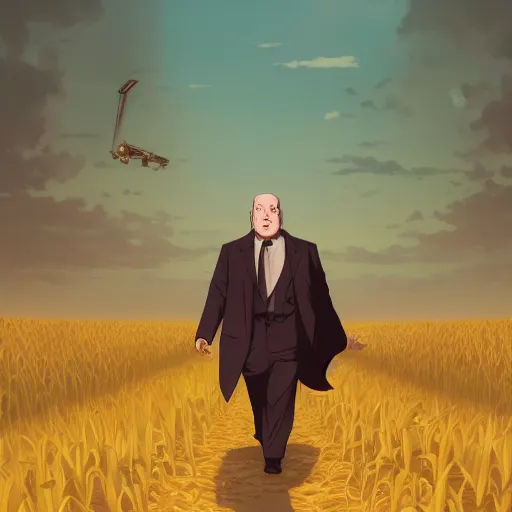 Prompt: Alfred Hitchcock as Cary Grand in North-by-nothwest running through the cornfield with a biplane flying after him, ambient lighting, 4k, anime key visual, lois van baarle, ilya kuvshinov, rossdraws, artstation
