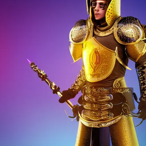 Image similar to a highly detailed knight with glowing purple eyes in a T golden helmet and a golden crown with a blue diamond in the center, golden armor, leather clothes under the armor, leather gloves, holds a black sword, artstation, DeviantArt, professional, octane render, sunset lighting