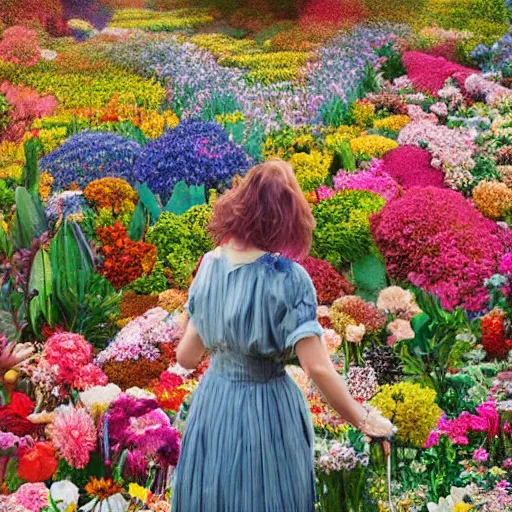 Prompt: a woman standing in a garden of flowers, a jigsaw puzzle, photograph by christen dalsgaard, featured on behance, maximalism, rich color palette, maximalist, vivid color