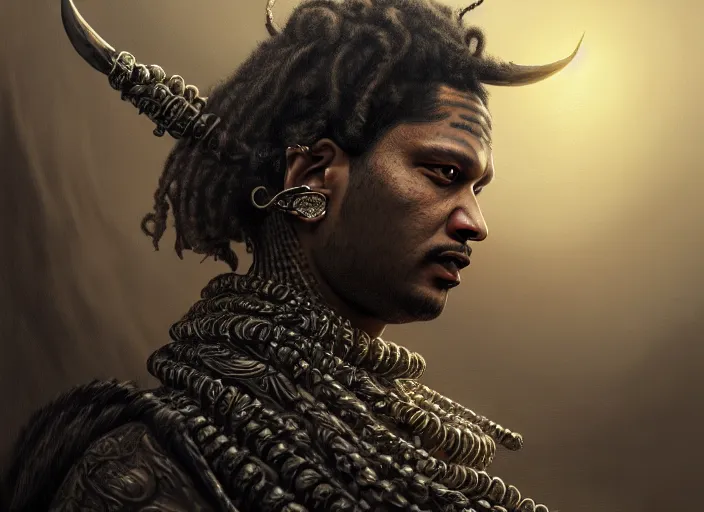 Image similar to fredo santana, fantasy, dramatic, intricate, elegant, highly detailed, digital painting, artstation, concept art, smooth, sharp focus, illustration, art by Gustave Dore, octane render