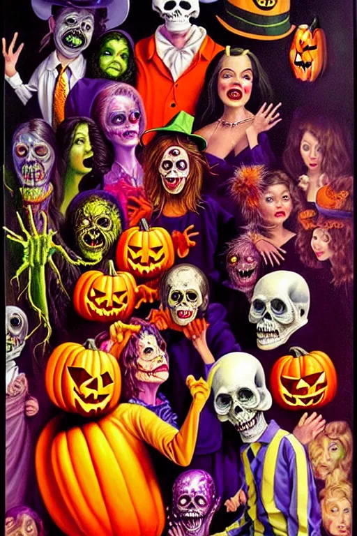 Image similar to a hyperrealistic painting of a vintage halloween costume party, cinematic horror by chris cunningham, lisa frank, richard corben, highly detailed, vivid color,