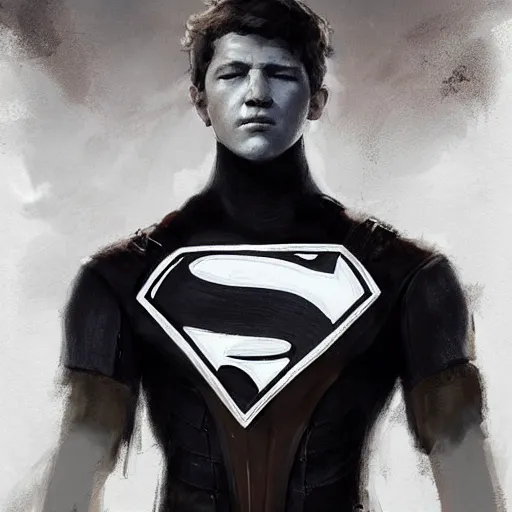 Image similar to portrait of a man by greg rutkowski, he looks like tye sheridan, he is about 2 0 years old, messy brown hair, tired eyes, he is wearing a black and white kevlar superhero suit, highly detailed portrait, digital painting, artstation, concept art, smooth, sharp foccus ilustration, artstation hq