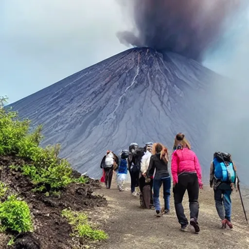 Prompt: photograph of people wearing jeans hiking to a volcano eruption