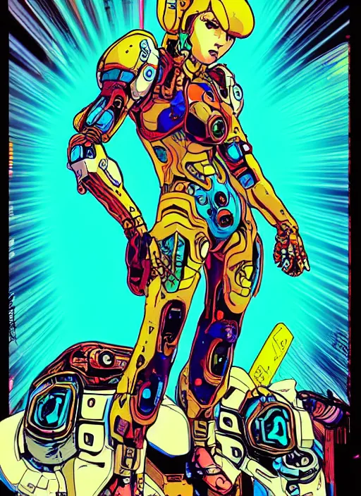 Image similar to cyberpunk samus!! cyborg portrait illustration, pop art, splash painting, art by geof darrow, ashley wood, alphonse mucha, makoto shinkai