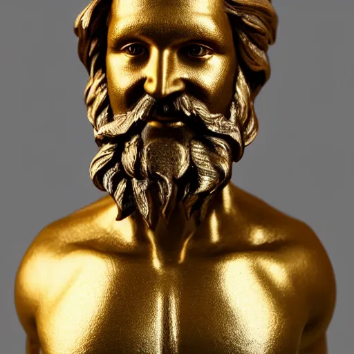 Prompt: a flawless, purely golden sculpture of a man with long hair, with trimmed beard, smiling widely, casting golden light. entirely golden statue, extremely detailed, full-body statue, award-winning art, trending on Artstation