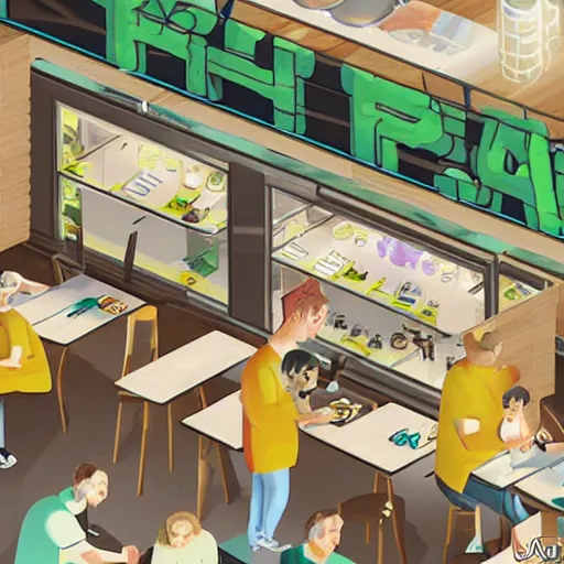 Image similar to cute and funny cartoon of australian cafe teaching customers how to smoke cannabis for the first time, axonometric render by pixar