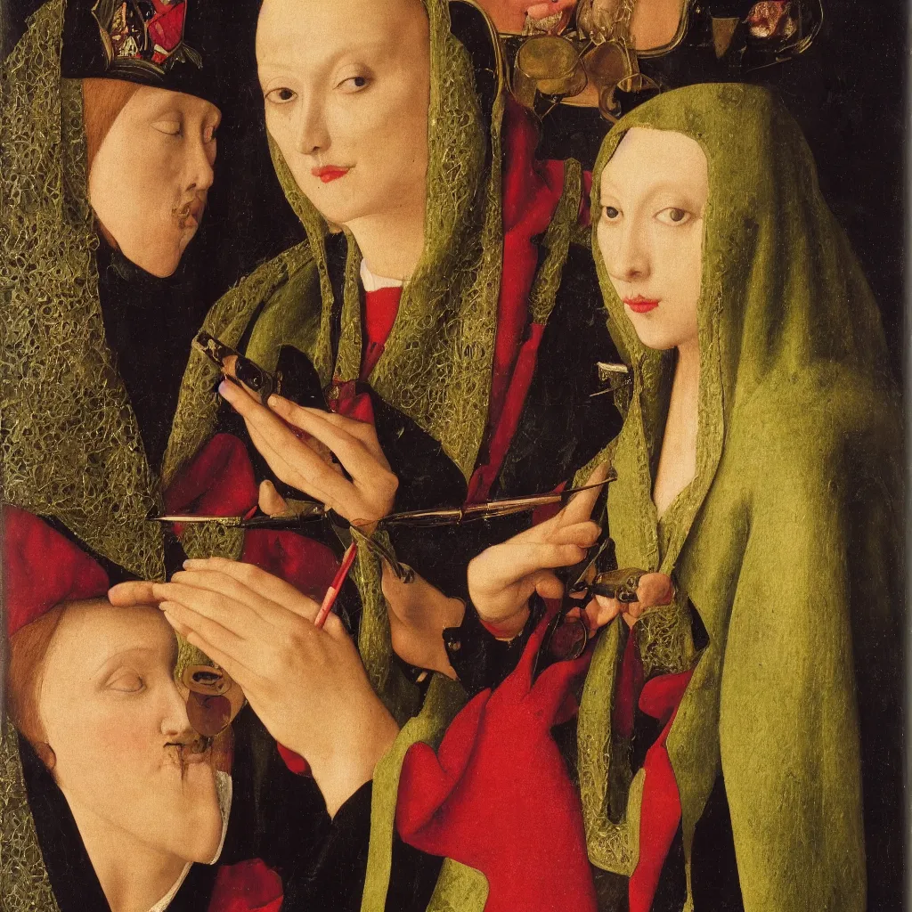 Image similar to close up of a woman putting on garish make - up. mirror, moth. jan van eyck