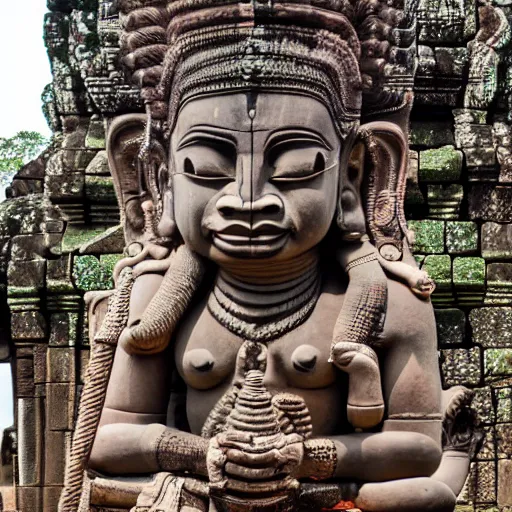 Image similar to angkor, asuras giant yaksha statues, front full body standing, holding snakes, photorealistic, photography hight quality, sharp, stones, award winning photography, canon, thierry rouzier