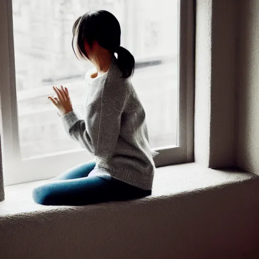 Image similar to a woman sitting on a window sill looking forward out the window, hands on cheeks, grey sweater, a stock photo by chen jiru, tumblr, aestheticism, movie still, pretty, pixiv