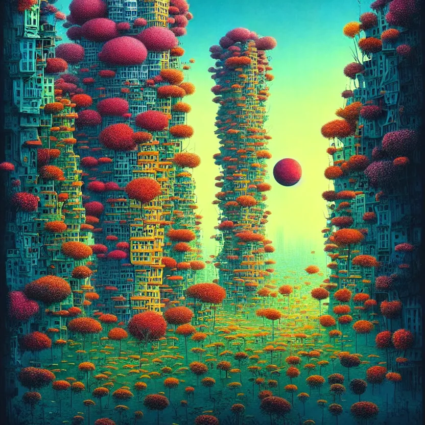 Prompt: surreal glimpse into other universe, mahanakorn tower, summer morning, very coherent and colorful high contrast, art by!!!! gediminas pranckevicius!!!!, geof darrow, floralpunk screen printing woodblock, dark shadows, hard lighting, stipple brush technique,