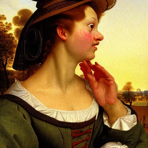 Image similar to Facial portrait of a cute shy woman, looking away from the camera, seductive smile, sparkle in eyes, lips slightly parted, long flowing hair, no hands visible, intricate, extremely detailed painting by Jan Steen and by Greg Rutkowski and by Moebius, golden hour