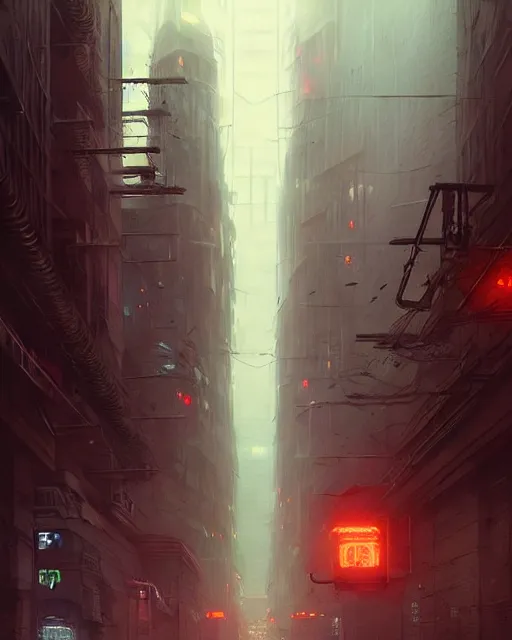 Image similar to professional ominous concept art of a dreary cyberpunk downtown street by artgerm and greg rutkowski. an intricate, elegant, highly detailed digital painting, concept art, smooth, sharp focus, illustration, in the style of simon stalenhag, wayne barlowe, and igor kieryluk.