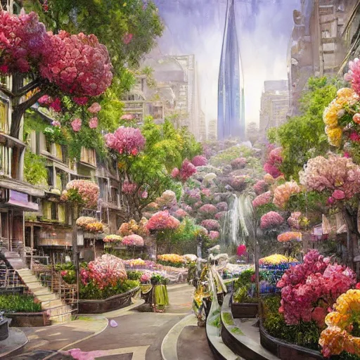 Image similar to a painting of an art - deco cityscape surrounded by flowers, a watercolor and matte painting by donato giancola and mandy jurgens and charlie bowater, cgsociety, artdeco, utopia art, sci - fi, artstation hq