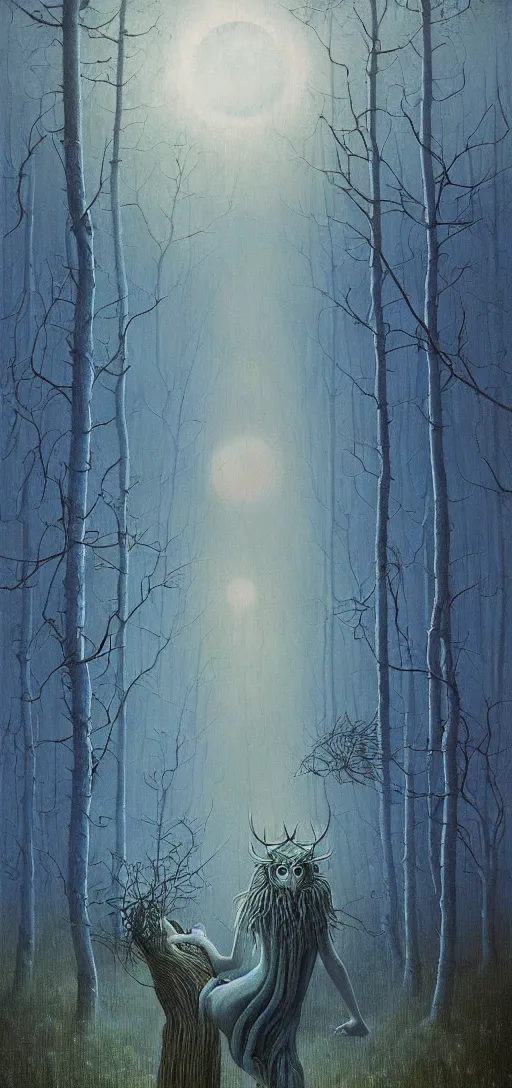 Image similar to painterly dreamy Kupala Night in the blue forest with trees with many huge eyes, giant flowers, glowing owls, deers, women, lianas, thistles, giant fantasy creatures, a stream and sky with moon and stars by Beksinski, Alex Grey, Aron Wiesenfeld and Giger dark fantasy, witcher, very detailed oil painting in the alla prima style, masterpiece, 8k