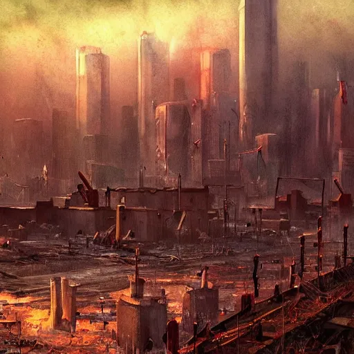 Prompt: post apocalyptic painting of city 1 7 from half - life 2. the citadel is shown towering over the city. highly detailed. painting by esao andrews
