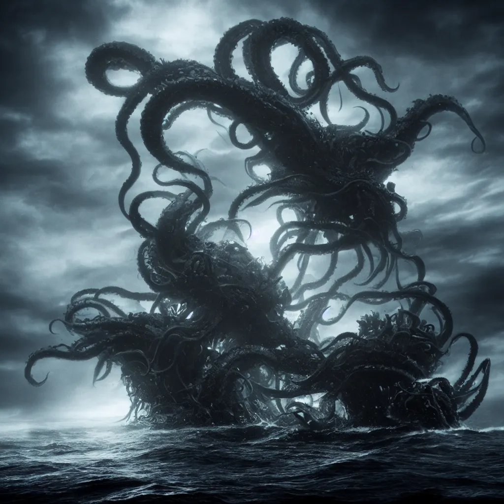 Prompt: the kraken attacks the ship, dark and mysterious, stopped in time, atmospheric, ominous, eerie, cinematic, Epic, 8k, 4k, ultra detail, ultra realistic