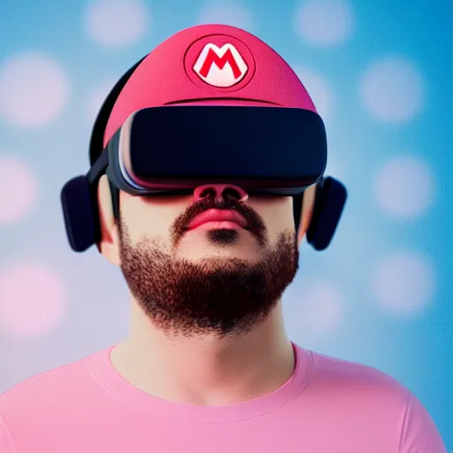 Image similar to Mario wearing a VR headset with a vaporwave background, octane render, 3D, coherent like Dall-E 2