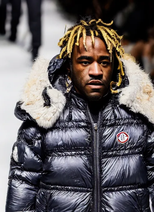 Image similar to hyperrealistic and heavy detailed moncler runway show of lil uzi vert, leica sl 2 5 0 mm, vivid color, high quality, high textured, real life