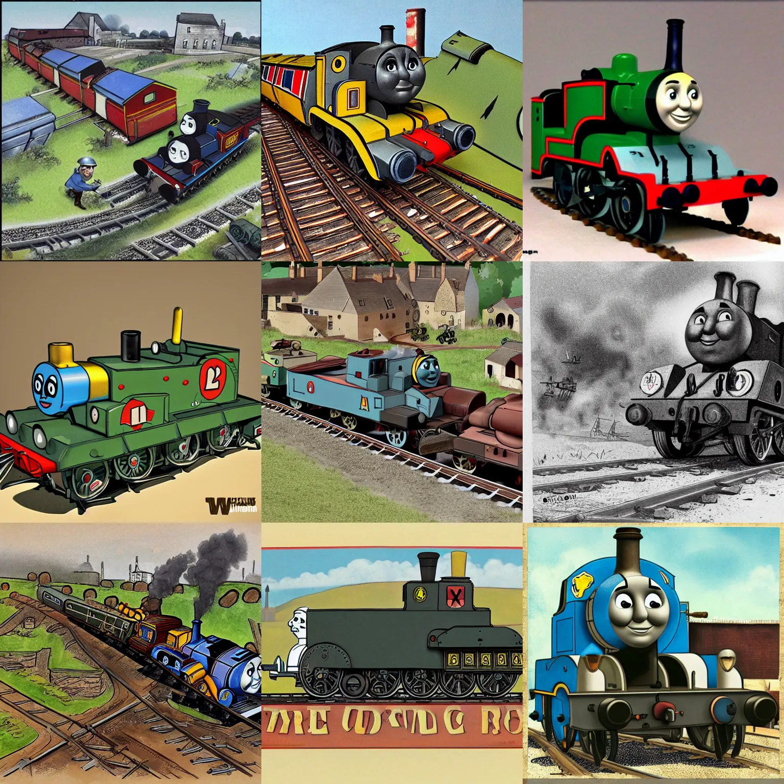 Prompt: thomas the tank engine as a world war two tank, in the art style of wilbert awdry